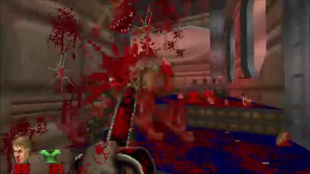 Gameplay do Brutal Doom mostrando gore e combate intenso