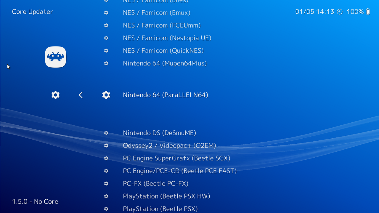 Tela do RetroArch com o gerenciador de cores (core updater)