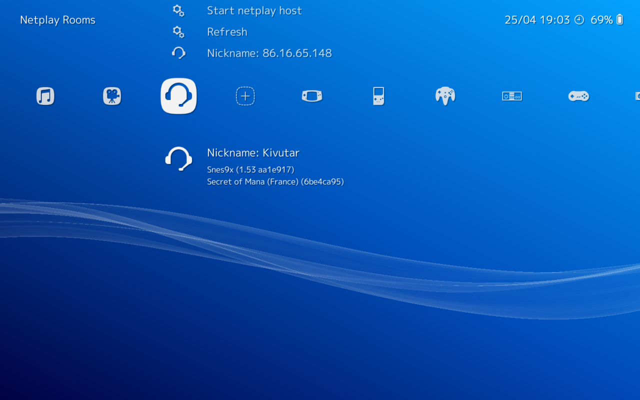 Sala de jogos online (netplay lobby) do RetroArch